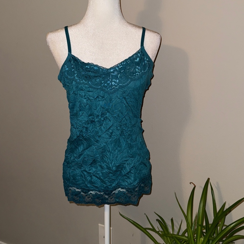 Y2K Teal Crinkle lace trim Camisole Top SZ L fall  layer holiday coquette fairy‎